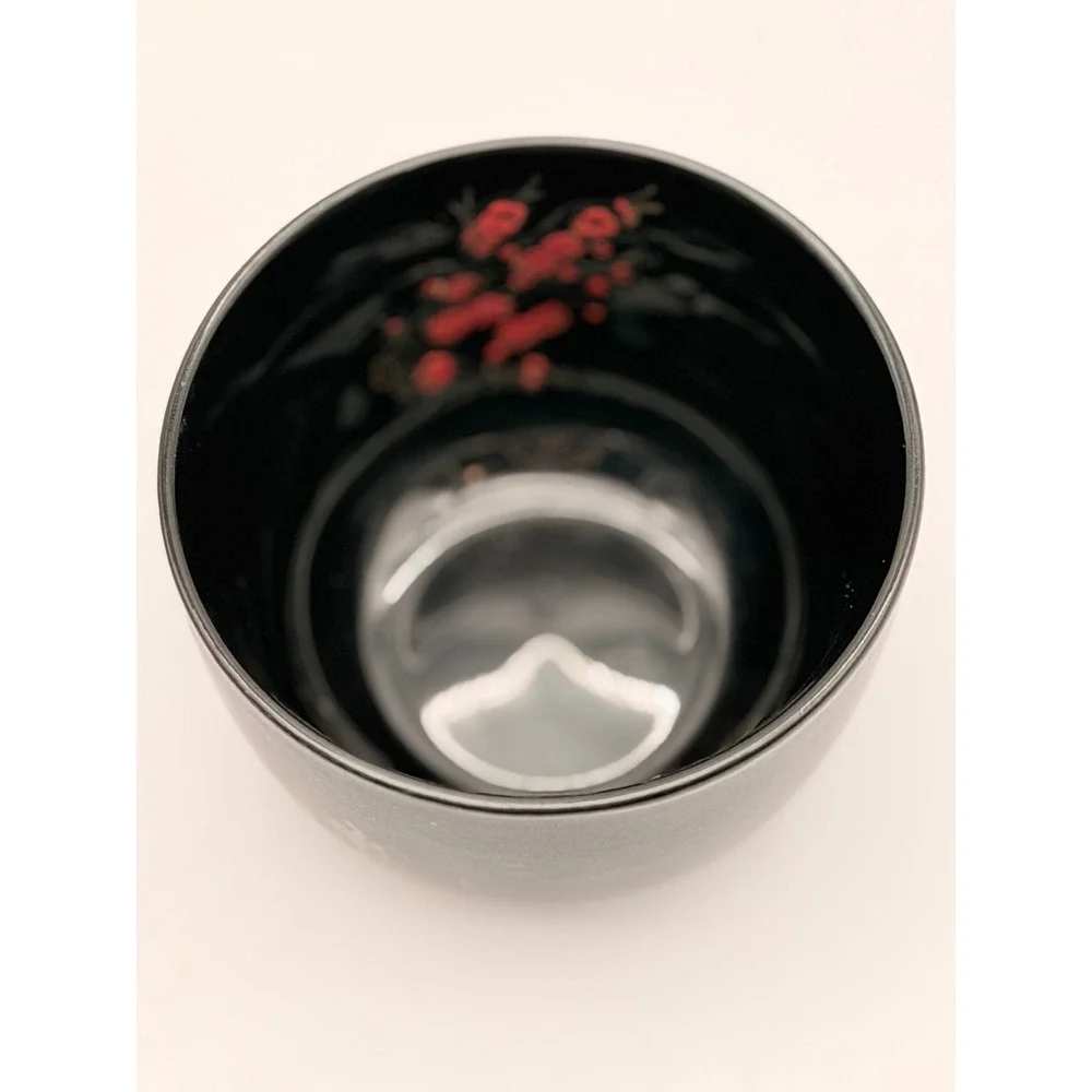 Visun China Black Ceramic Bowl Red Cherry Blossom Sakura Asian Style 4.5 inch